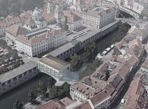 Mesarski most, zračni pogled proti Tržnicam © Nejc Bernik