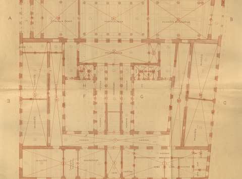 Jože Plečnik, Univerzitetna knjižnica v Ljubljani, pritličje 1 : 100, projekt iz leta 1930, izvirnik hrani NUK