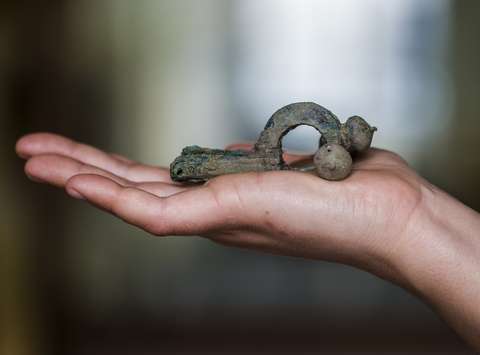 A 4th-century fibula. Such clasps were used by members of the Roman army to fasten outer garments.